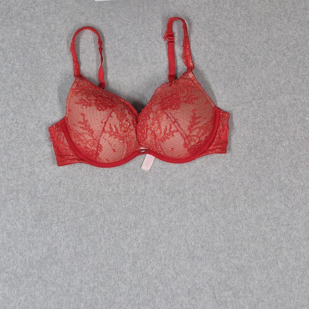 Victoria's Secret Women Bra 34D Red Floral Push Up Lace Rhinestone